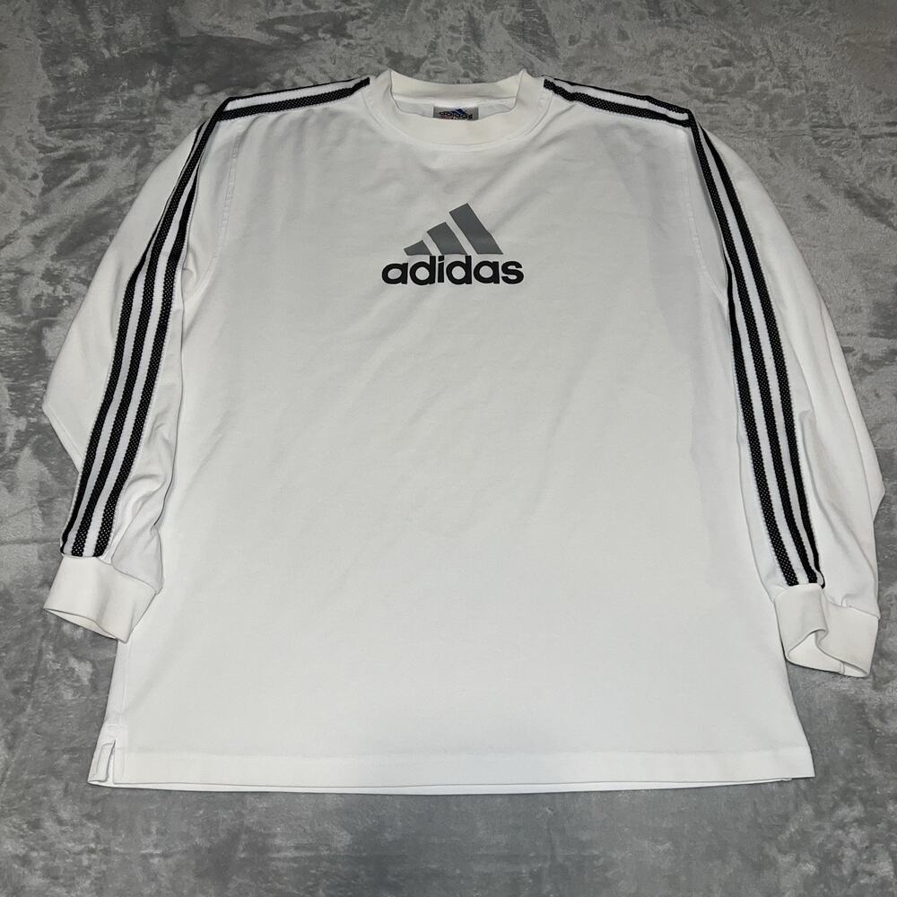 Vintage Adidas Long Sleeve Shirt Medium Logo Three Stripes White USA 90s Y2K